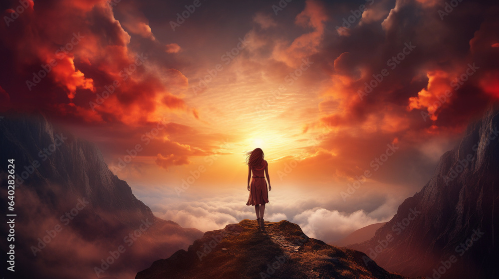 Mountain Reverie: Captivating Sunset Silhouette of a Woman in Nature's Embrace