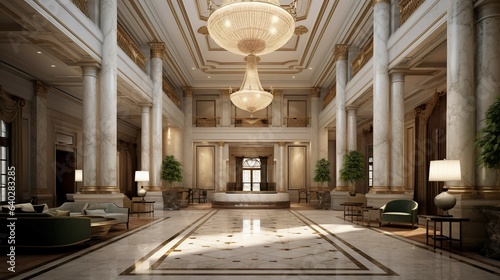 A luxurious hotel lobby featuring a grand marble reception desk