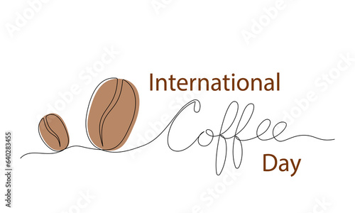 Vector illustration of single line drawing of coffee beans and lettering International Coffee Day.