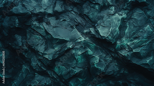 Green blue rock texture. Toned rough mountain surface texture. Crumbled. Close-up. Dark teal rocky background. Digital illustration generative AI.