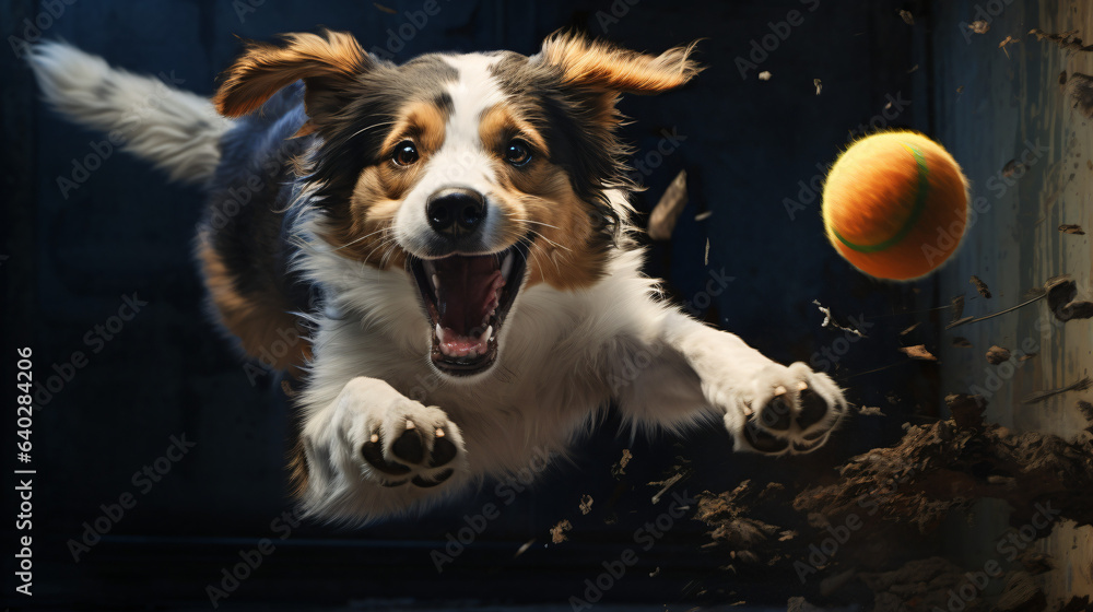 Happy dog destroying a ball - obrazy, fototapety, plakaty 