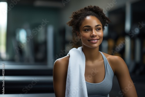 Beautiful young female athlete bodybuilder, sitting in the gym, resting after the crossfit. Young African American woman sitting on a gym bench and drinking water after workout.