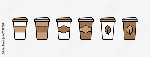 Set of linear colored paper cups with coffee, sign, logo. The concept of hot coffee, tea to take away. For restaurants, cafes, public catering places.