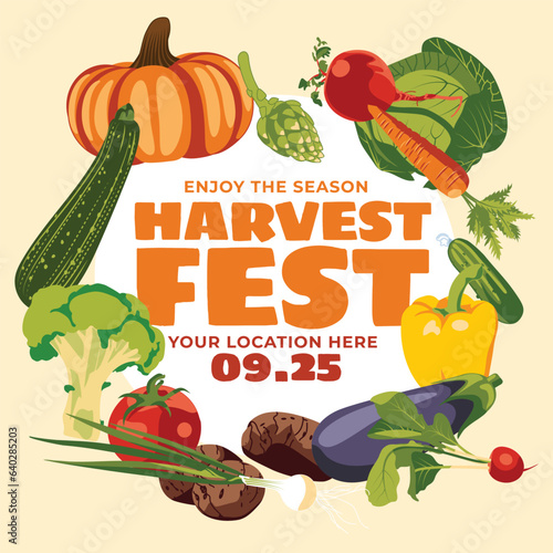Autumn harvest festival card, banner, postcard. Farmer's market. A set of vegetables. Vector flat illustration