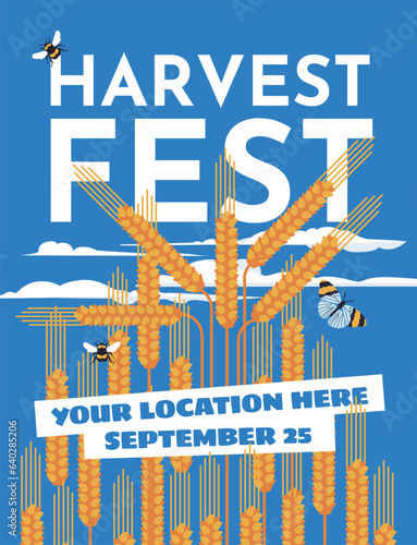 Geometric style wheat field on blue sky background. Advertise at a harvest festival or farmers market. Vector flat illustration