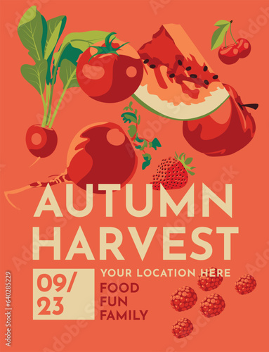 Red poster for harvest festival or farm market promotion. Set of red vegetables and fruits. text. Vector flat illustration