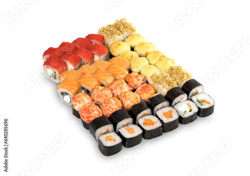 A set of beautiful and fresh fish and shrimp rolls. On a white background