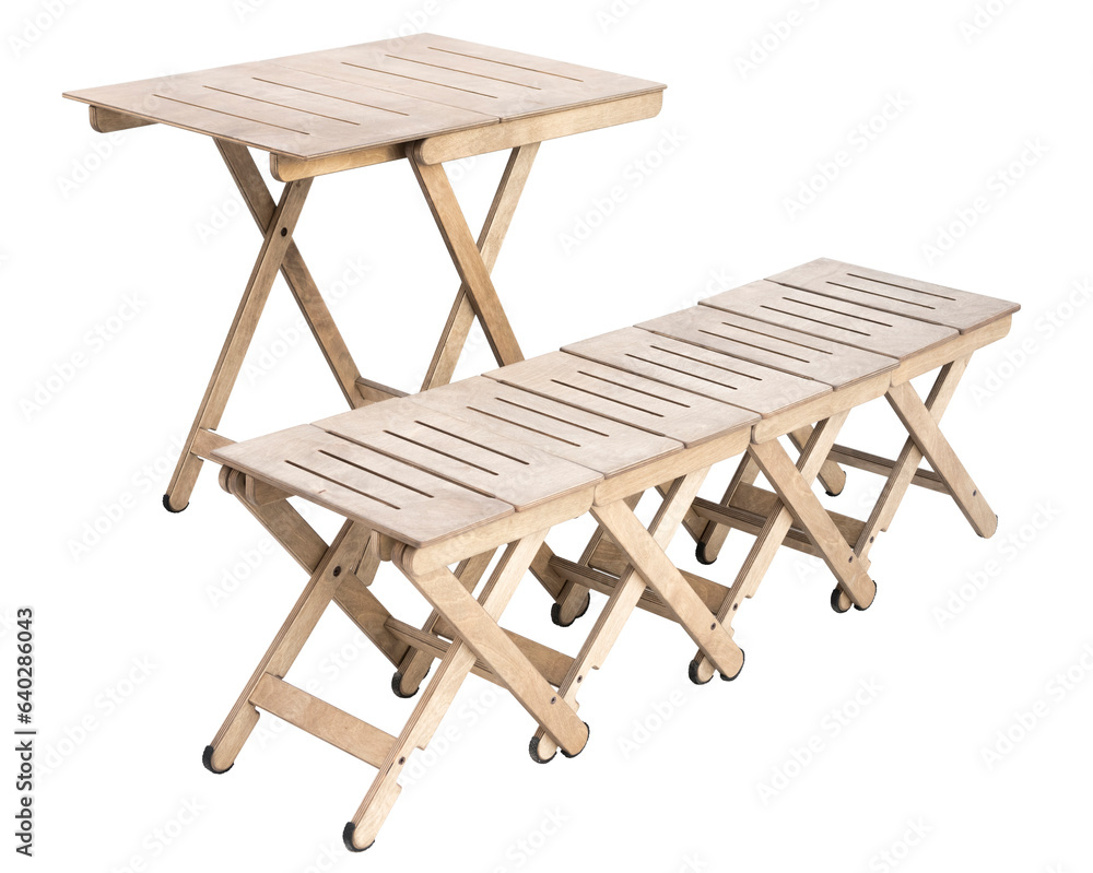 Wooden folding table and chair. On a white background