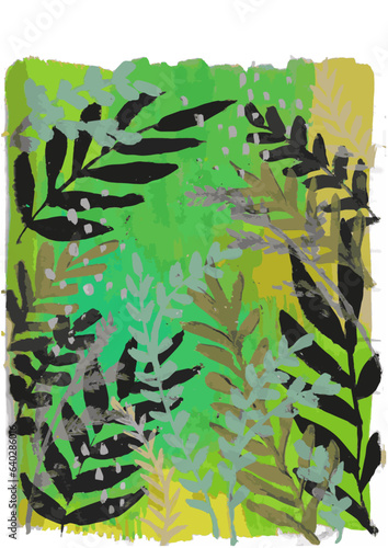 Background with leaves, Painting of plants, Green Guache Painting