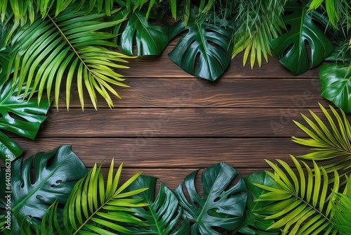 Tropical leaves on wooden background. Flat lay, top view