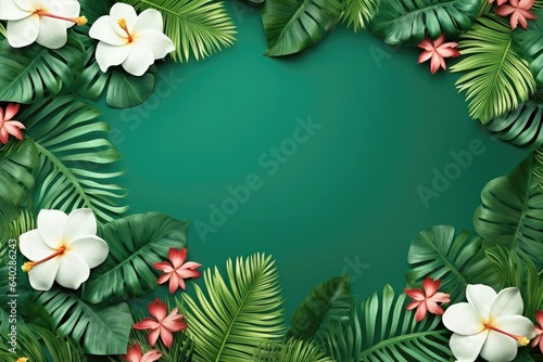 Tropical leaves and flowers on green background. Vector illustration