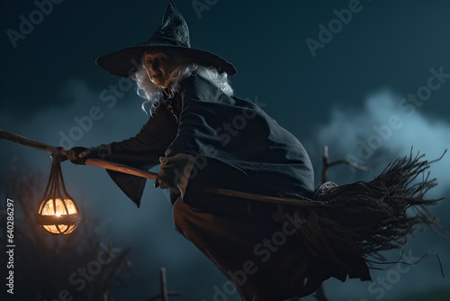 Fényképezés An old and ugly witch with an evil flying fast on a broom outside at night while there is a full moon
