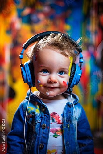 Portrait of a kid wearing headphones and listening to music. Ai generative image