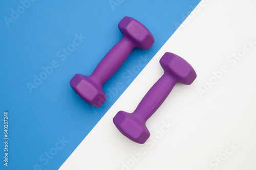 The layout of two rubberized dumbbells of 2 kg of purple color on a blue-white background, top view. Sports training