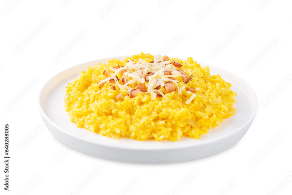 Pumpkin risotto with fried bacon on a white isolated background Pumpkin risotto with fried bacon on a white isolated background