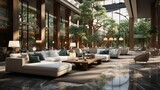 Luxurious lobby in a modern hotel with a comfortable sofa and designer armchairs