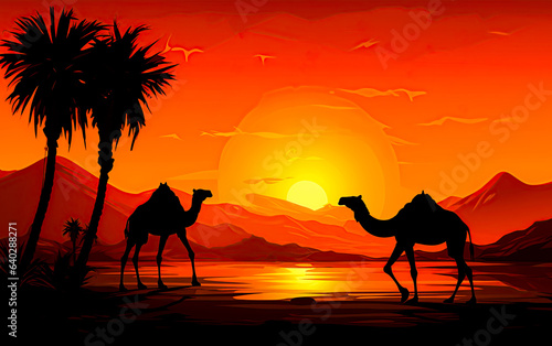 Camels in the desert at sunset. Silhouette art style design. Generative Ai illustration