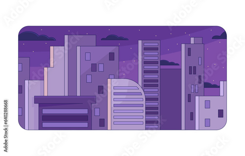 City residential buildings chill lo fi background. Skyscraper. Starry night 2D vector cartoon cityscape illustration, purple lofi wallpaper desktop. Sunset aesthetic 90s retro art, dreamy vibes