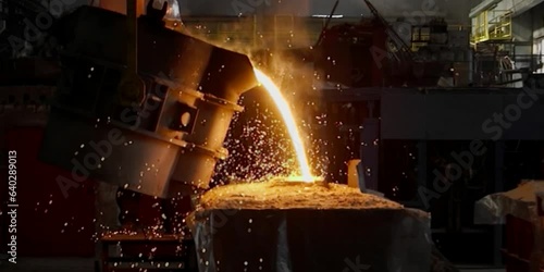 Liquid iron molten metal pouring in container, industrial metallurgical factory, foundry cast, heavy industry