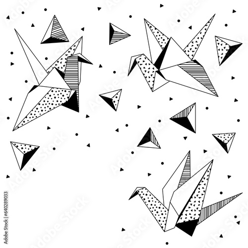 Background with origami cranes. Paper symbolic decorative objects.