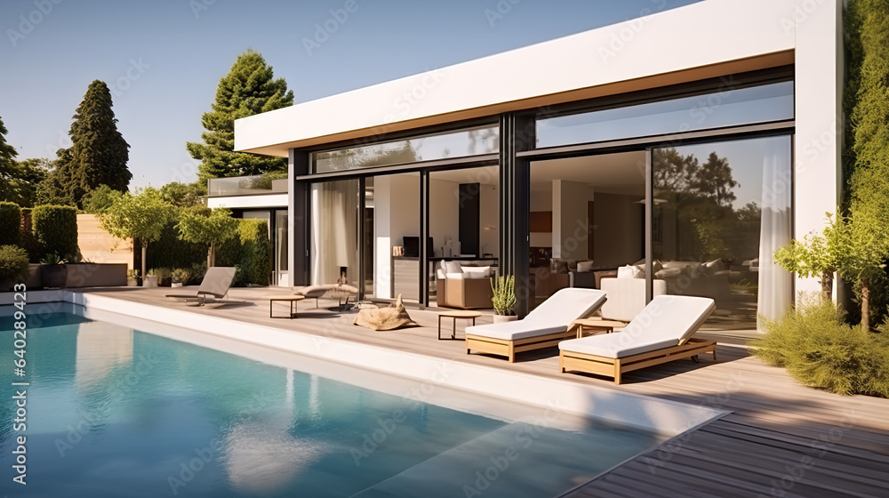 Tranquil Luxury Modern Villa with Open Plan Living, Private Chair Wing, and Serene Terrace for Ultimate Relaxation. created with Generative AI