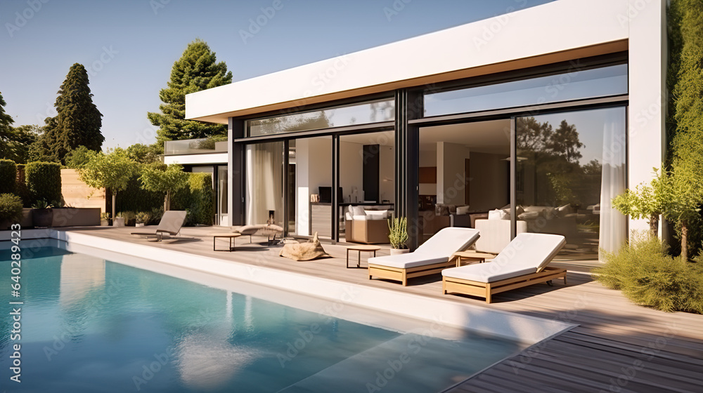 Fototapeta premium Tranquil Luxury Modern Villa with Open Plan Living, Private Chair Wing, and Serene Terrace for Ultimate Relaxation. created with Generative AI