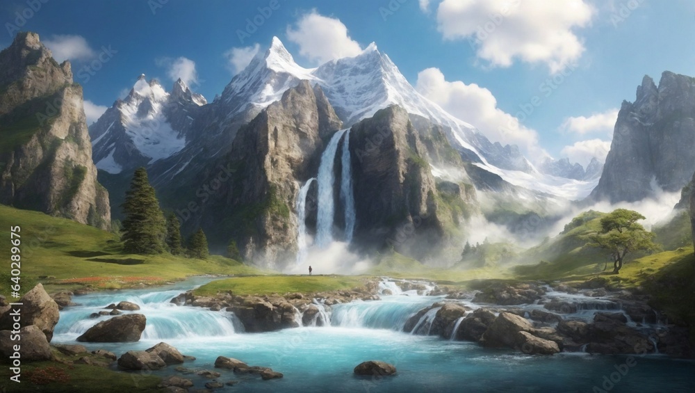 landscape with lake waterfall and blue sky