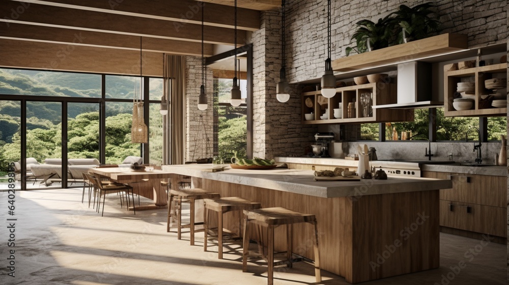 Open-Plan Kitchen , An open-plan kitchen with high ceilings, large windows, and natural materials like stone and wood