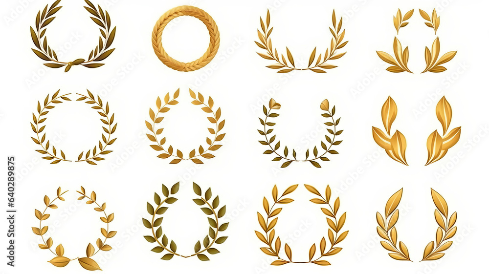 Gold laurel wreath, winner award set vector illustration.generative ai Gold laurel wreath, winner award set vector illustration.generative ai