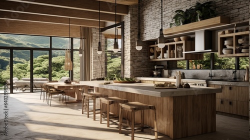 Open-Plan Kitchen , An open-plan kitchen with high ceilings, large windows, and natural materials like stone and wood © ZUBI CREATIONS