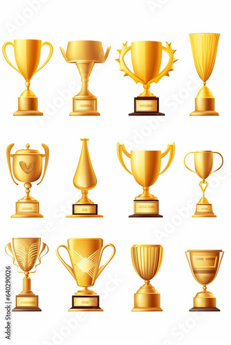 golden trophy cups and awards of different shape isolated background vector illustration