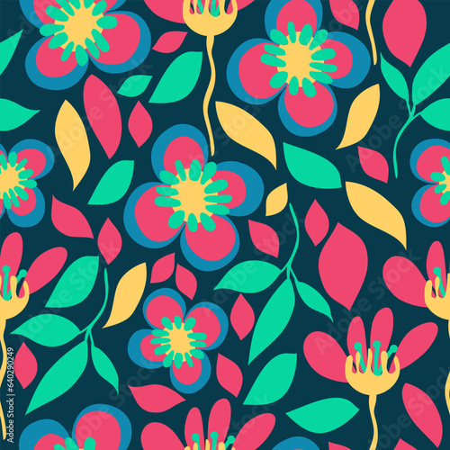 pink, green, yellow colored geometric floral seamless pattern. Flowers and leaves colorful vector repeat pattern. 