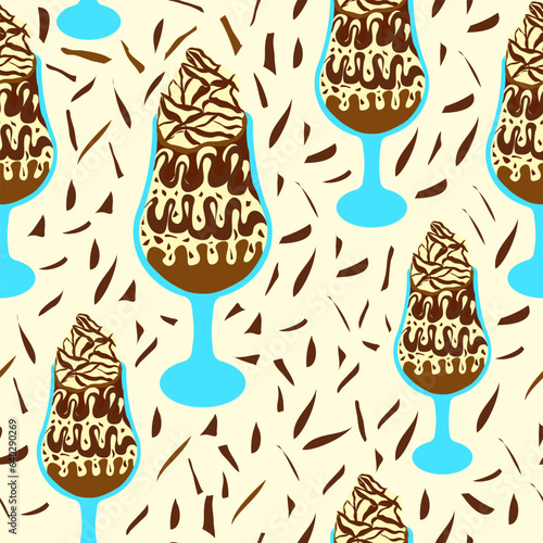 Chocolate mix ice cream with chocolate chunks on white background seamless pattern. Suitable for textile, fabric, decorations, wrapping and more.
