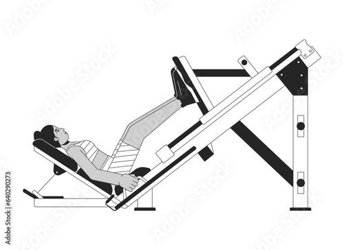 Woman extending legs on press machine flat line black white vector character. Editable outline full body person. Strength-building activity simple cartoon isolated spot illustration for web design