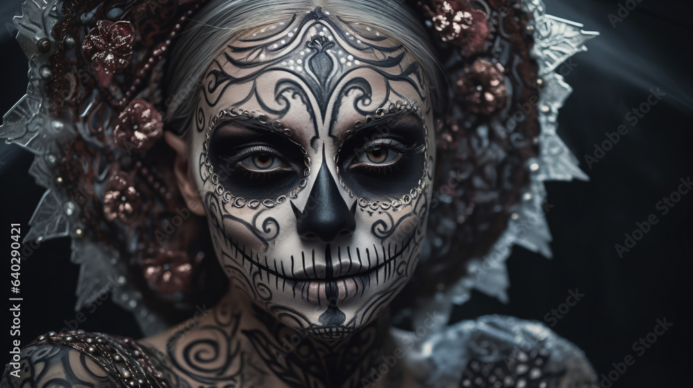 A woman with skull make up.