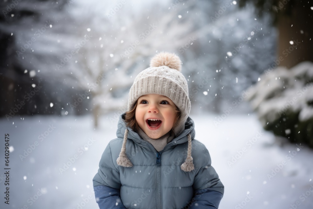Cute child with happy face wearing a warm hat and warm jacket surrounded with snowflakes. Winter holidays concept. Cute child with happy face wearing a warm hat and warm jacket surrounded with snowflakes. Winter holidays concept.