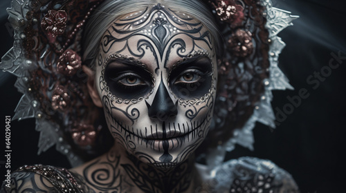 A woman with skull make up. © Karol