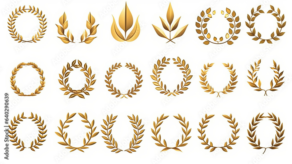 Gold laurel wreath, winner award set vector illustration. - obrazy, fototapety, plakaty 