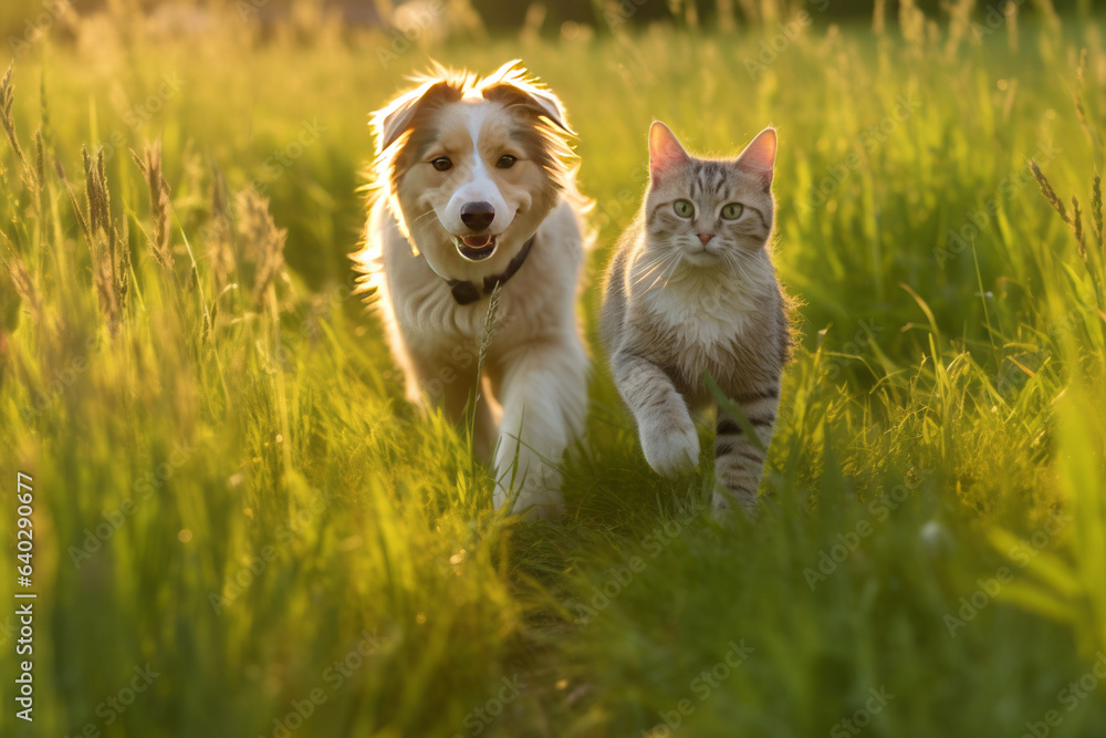 Cheerful of furry friends cat and dog walking in a summer meadow.generative ai Cheerful of furry friends cat and dog walking in a summer meadow.generative ai