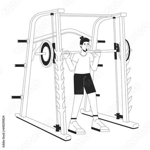 Man holding barbell in smith machine flat line black white vector character. Editable outline full body person. Performing powerlifting simple cartoon isolated spot illustration for web design