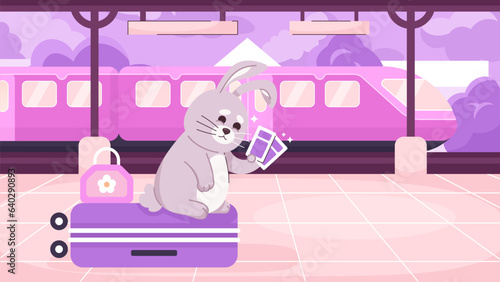 Traveler rabbit on platform cute chill lo fi wallpaper. Luggage tourist bunny with train tickets 2D vector cartoon character illustration, lofi anime background. 90s kawaii aesthetic, dreamy vibes