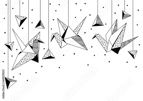Background with origami cranes. Paper symbolic decorative objects.