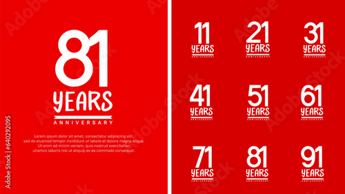 set of anniversary logo flat white color number on red background for celebration photo