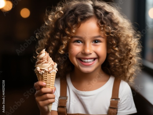 Pretty little girl holding ice cream cone while smiling