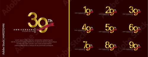 set of anniversary logo gold color number and red ribbon on brown background for celebration