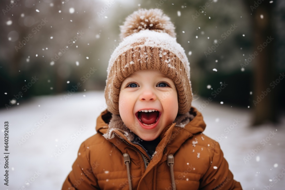 Cute child with happy face wearing a warm hat and warm jacket surrounded with snowflakes. Winter holidays concept. Cute child with happy face wearing a warm hat and warm jacket surrounded with snowflakes. Winter holidays concept.