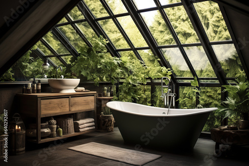 Bright Glass Bathroom with Bathtub, Subway Tiles, and Deep Forest-Style Green Plants for an Elegant Escape. created with Generative AI