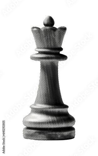 Print op canvas chess queen piece isolated retro halftone dotted texture black white intelligen