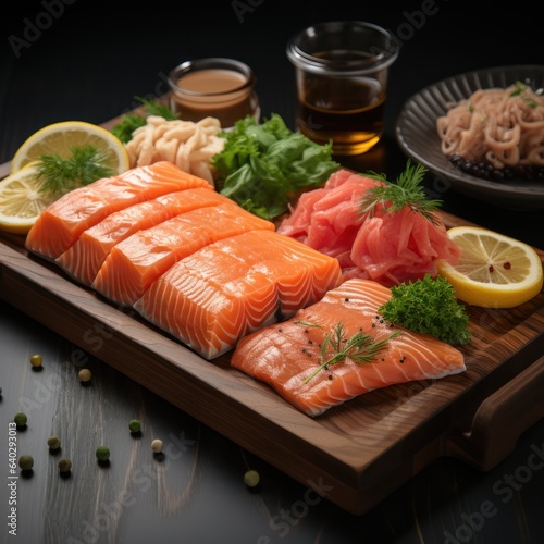 chilled sashimi Pieces of raw salmon fish on a wooden board, ready to eat. serving with herbs and ginger and lemon. High quality fat. Fresh imported high quality Japanese products.