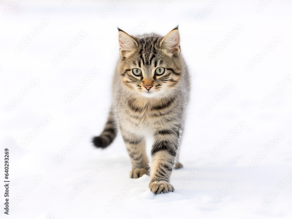Gray striped cat walking on the snow Gray striped cat walking on the snow